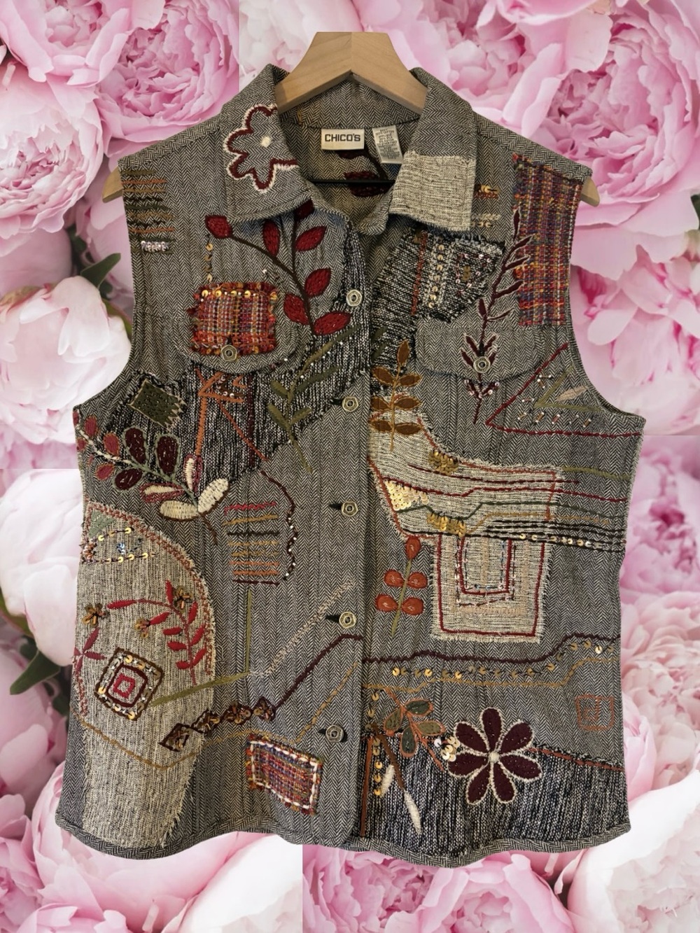 Chico's Embroidered Patchwork Button-Front Vest